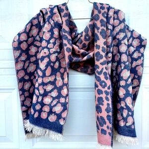 Pink and Blue Leopard Print Blanket Scarf With fringe